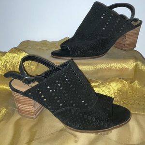 Lucky Brand Black Suede Leather Perforated Sling Back Open Toe Heeled Shoes